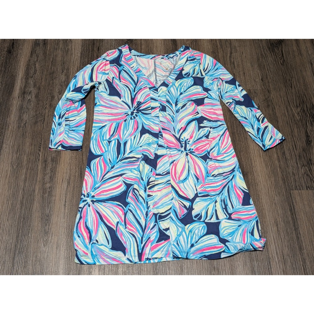 Lilly Pulitzer Amina Dress 3/4 Sleeves V Neck‎ Dress Size S High Tide Floral